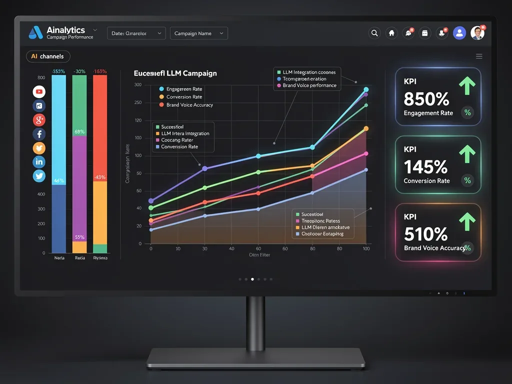 Social media analytics dashboard showing high conversion and brand voice accuracy.