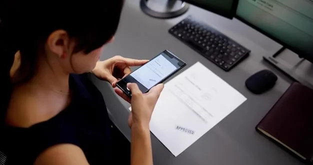 A person looking at a smartphone displaying an AI-powered email management app. The app filters emails into categories like