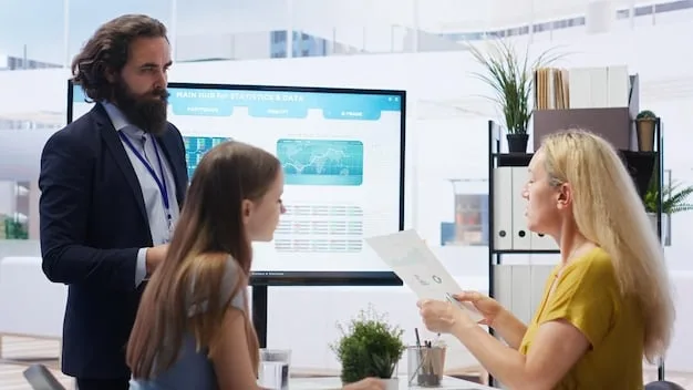 A team of sales professionals collaborating around a large screen displaying AI-generated insights and upselling recommendations, showcasing a collaborative environment empowered by AI.