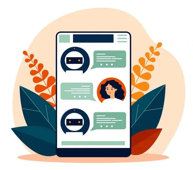 A sleek design of an AI chatbot interface on a mobile device, showing a personalized conversation with a customer who is receiving instant support and customized recommendations.
