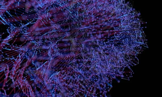 A close-up depiction of an AI neural network processing complex data visually represented as interconnected nodes and lines, emphasizing AI's role in data analysis. The image should highlight the intricate nature of AI algorithms and their ability to identify patterns.