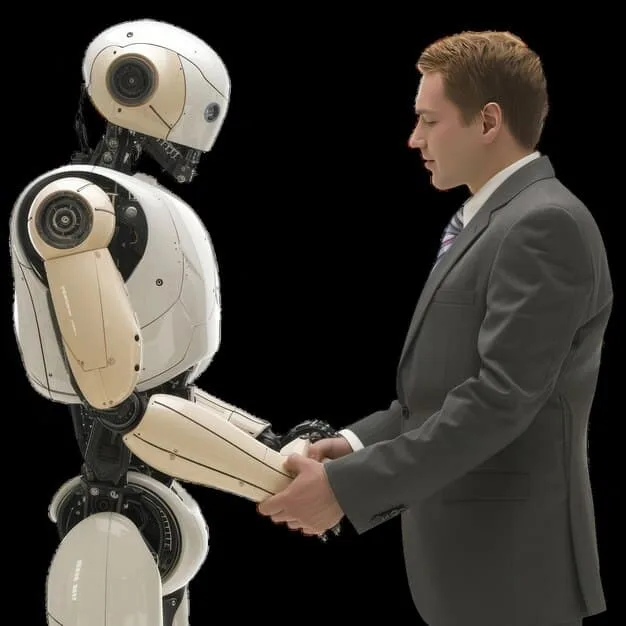 An AI-powered robot assisting a sales executive, symbolizing automation and efficiency in sales operations.