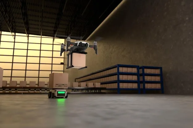 A dynamic and futuristic visualization of a smart warehouse environment, powered by AI and robotics. The image features autonomous robots navigating the warehouse floor, seamlessly picking and packing orders. AI algorithms are displayed optimizing storage locations and routing, ensuring efficient movement of goods. Data visualizations overlaid on the scene provide real-time insights into inventory levels, order status, and warehouse performance. The overall impression is one of seamless automation, precision, and cutting-edge technology.