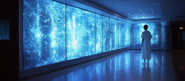 A detailed, futuristic medical facility with holographic displays showing patient data and AI-driven diagnostics, emphasizing the seamless integration of technology in healthcare.