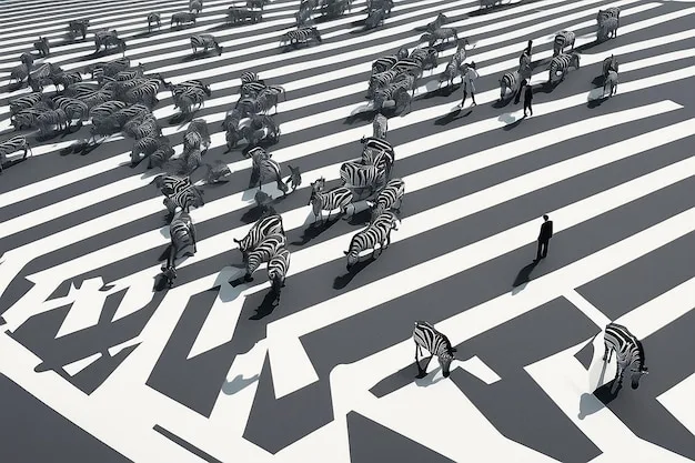 A stylized depiction of a regulatory labyrinth, with small figures (representing startups) struggling to navigate complex pathways, while larger figures (representing established companies) navigate more easily. The background is a digital city.