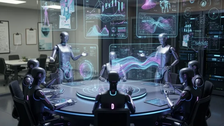 Futuristic interface with synthetic focus group analyzing ad concepts