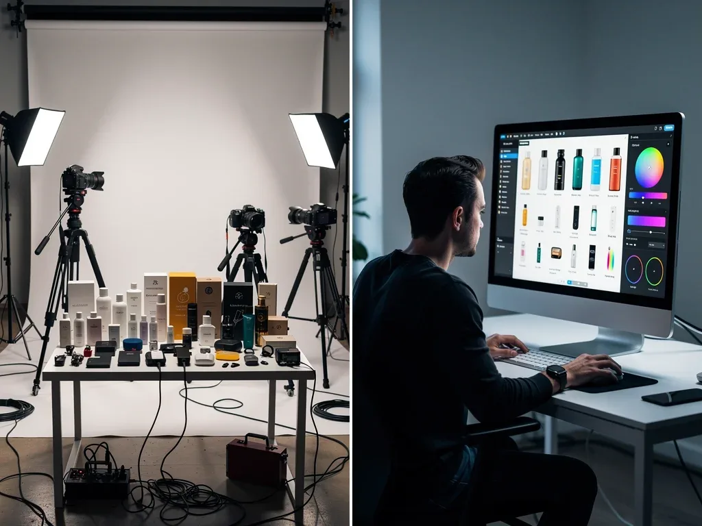 Comparison between a traditional photography studio and an AI-assisted product image workflow