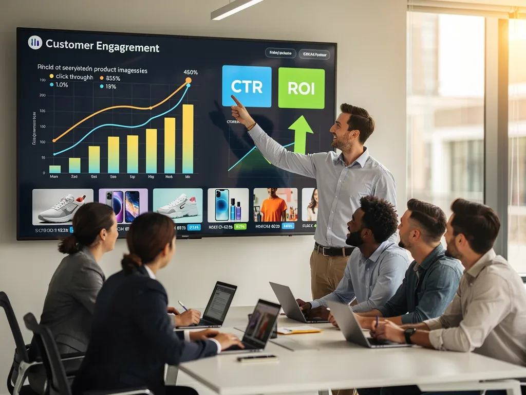 Retail marketing team reviewing performance and quality of AI-generated product photography
