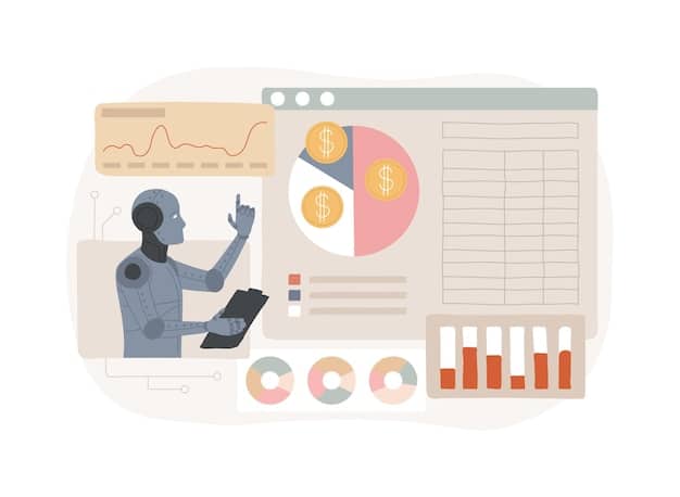A detailed illustration showing a dashboard of an AI-powered keyword research tool. The dashboard displays various metrics such as search volume, keyword difficulty, related keywords, and trend analysis graphs.