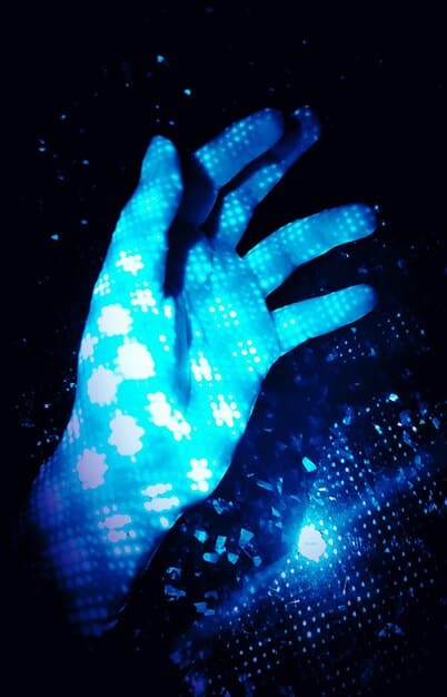 A close-up conceptual image of a human hand touching a digital screen displaying algorithms and code; connecting human intelligence with AI.