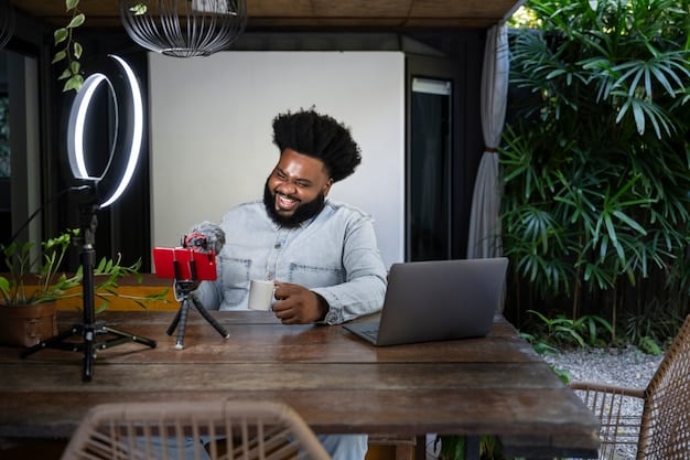 A professional video creator smiles at their workstation, where AI tools are helping to edit a video. On the screen, automatic enhancements, personalized thumbnails, and other AI capabilities are visible.