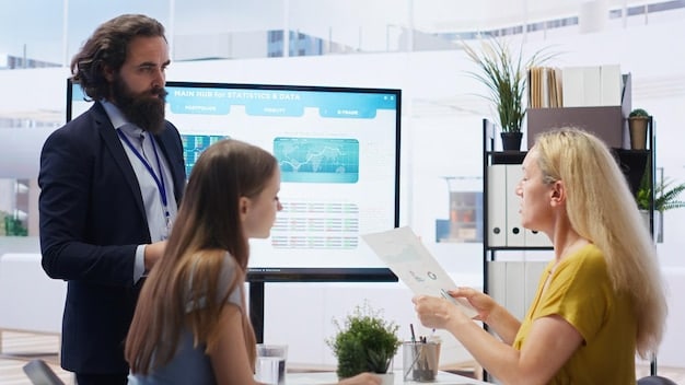 A team of sales professionals collaborating around a large screen displaying AI-generated insights and upselling recommendations, showcasing a collaborative environment empowered by AI.