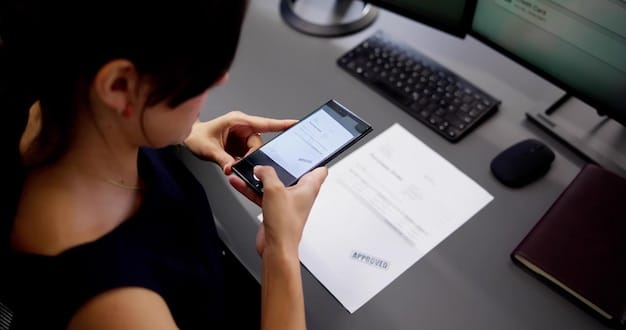 A person looking at a smartphone displaying an AI-powered email management app. The app filters emails into categories like 