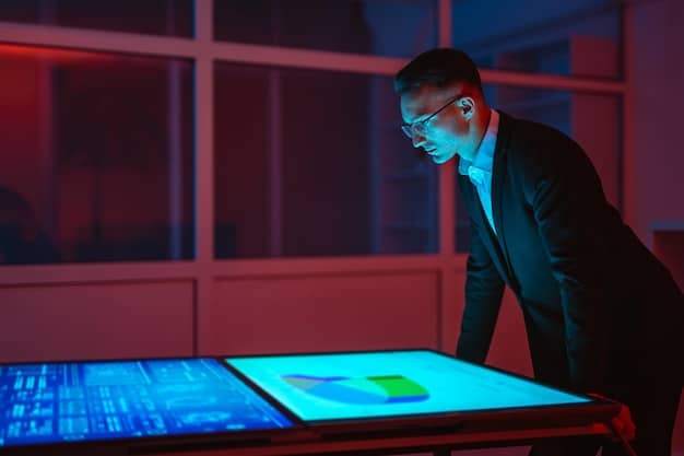 Project managers standing near a futuristic digital board, analyzing data presented by the AI system. The environment is collaborative and tech-driven, emphasizing the importance of human-AI collaboration.