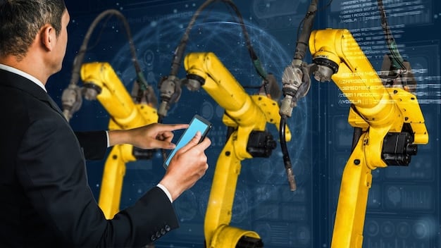 A robotic arm performing a repetitive task with precision in a manufacturing facility, highlighting the efficiency and accuracy gains achieved through AI-powered automation.