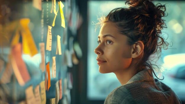 A person looking thoughtfully at an AI ethics infographic, highlighting the importance of responsible AI usage in the workplace.