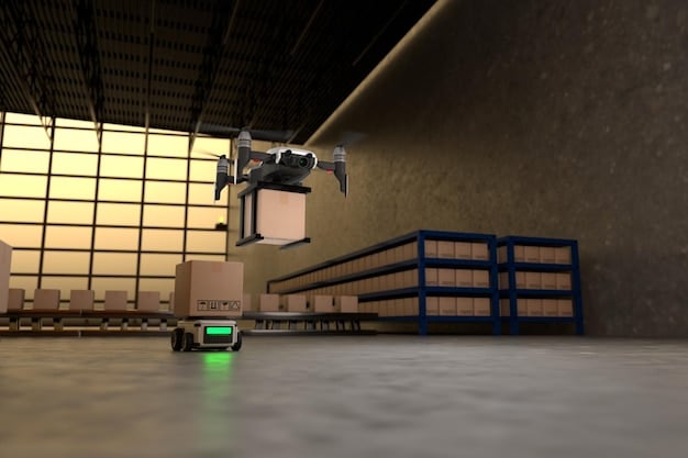 A dynamic and futuristic visualization of a smart warehouse environment, powered by AI and robotics. The image features autonomous robots navigating the warehouse floor, seamlessly picking and packing orders. AI algorithms are displayed optimizing storage locations and routing, ensuring efficient movement of goods. Data visualizations overlaid on the scene provide real-time insights into inventory levels, order status, and warehouse performance. The overall impression is one of seamless automation, precision, and cutting-edge technology.