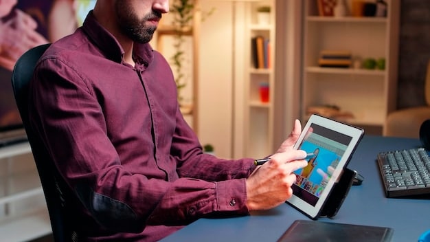 A new employee using a tablet to complete an AI-driven onboarding module, featuring interactive tutorials and personalized welcome messages. The background shows a supportive colleague offering assistance.