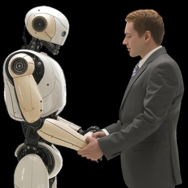 An AI-powered robot assisting a sales executive, symbolizing automation and efficiency in sales operations.