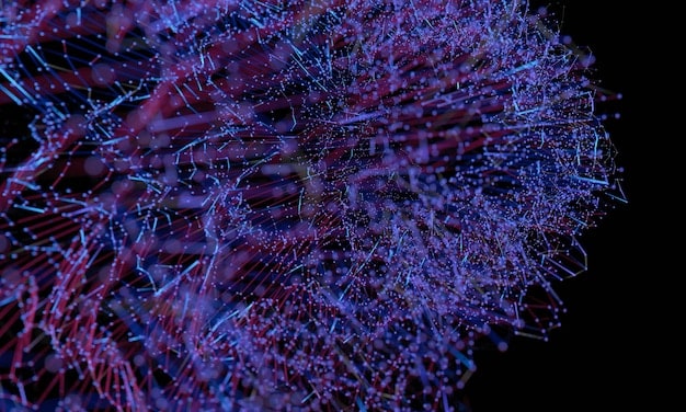 A close-up depiction of an AI neural network processing complex data visually represented as interconnected nodes and lines, emphasizing AI's role in data analysis. The image should highlight the intricate nature of AI algorithms and their ability to identify patterns.
