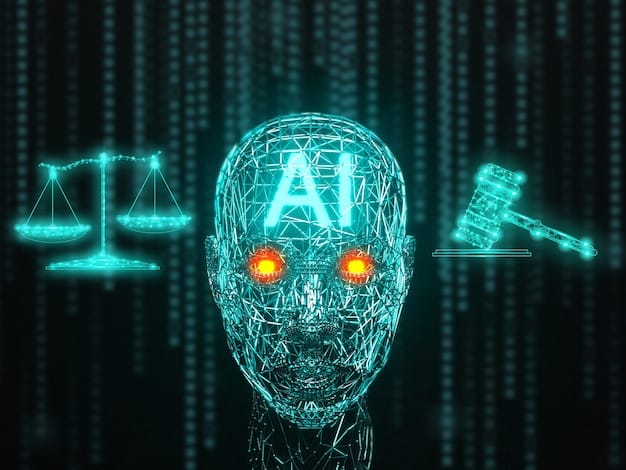A digital artwork depicting an abstract concept of fair use, with scales balancing intellectual property icons and AI machine learning algorithms, set against a backdrop of legal texts.