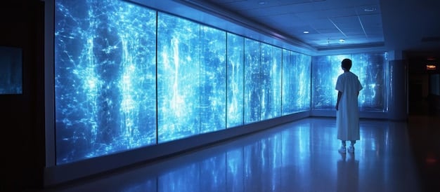 A detailed, futuristic medical facility with holographic displays showing patient data and AI-driven diagnostics, emphasizing the seamless integration of technology in healthcare.