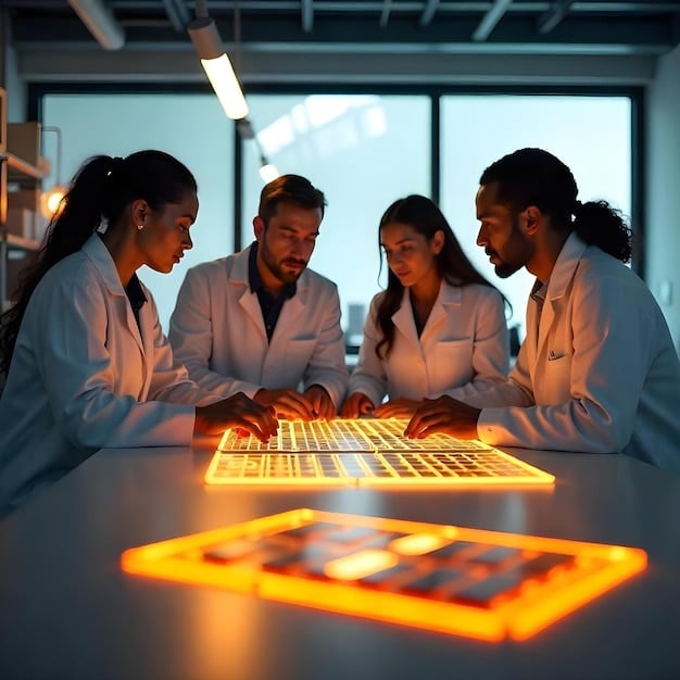 A diverse group of scientists and engineers collaborating in a modern lab setting, with AI-related code and data visualizations on screens in the background. Emphasize collaboration and scientific discovery.