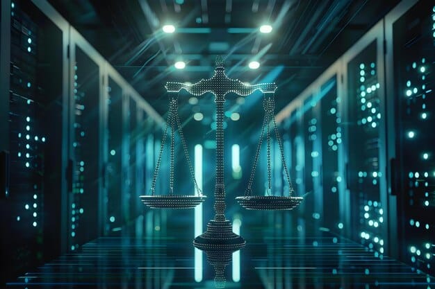 A digital scale balancing a human figure against binary code, symbolizing the challenge of balancing individual rights with technological data, set against a blurred courthouse background.