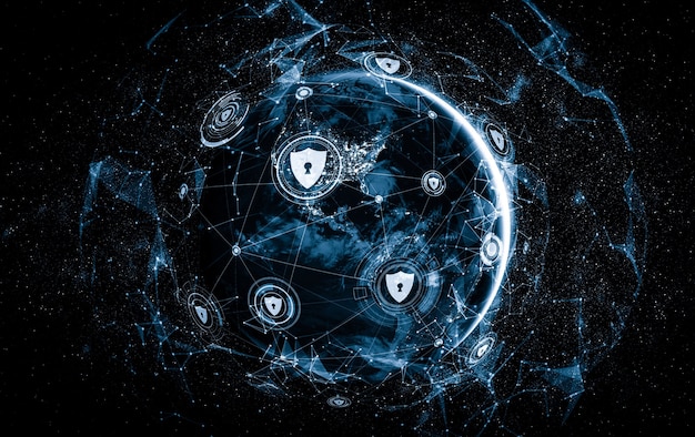 A detailed network of interconnected digital nodes and data streams, with security locks and shields overlaid, representing the complexities of cyber security and data protection in the AI era.