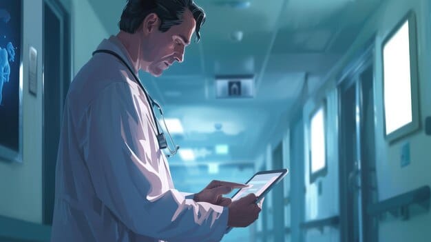 A doctor reviewing AI-generated medical images on a tablet, with a patient in the background, illustrating technology-enhanced diagnosis.