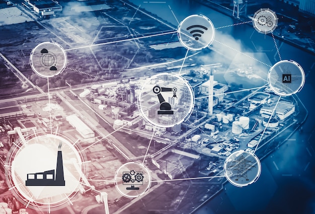 A complex network of interconnected devices and data streams on a digital factory interface, illustrating the 'smart factory' concept with AI integration.