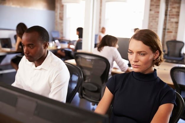 A diverse group of customer service agents in a modern, collaborative office setting, engaged in training sessions on new AI tools and advanced problem-solving techniques, symbolizing adaptation and upskilling.