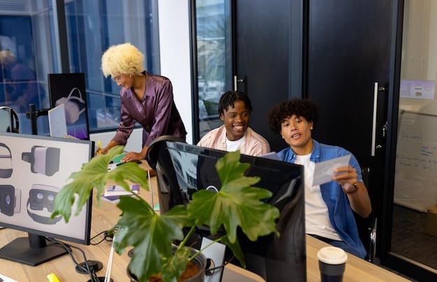 A diverse group of workers in an office setting, some looking at screens displaying AI interfaces, others engaged in collaborative discussions, symbolizing the evolving landscape of work with AI. The image should convey both the potential for collaboration and the underlying tension of job displacement.