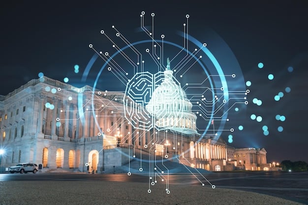 A depiction of a legislative symbol (e.g., gavels or a Capitol dome outline) intertwined with digital code or AI brain representations, signifying legal frameworks addressing digital threats.