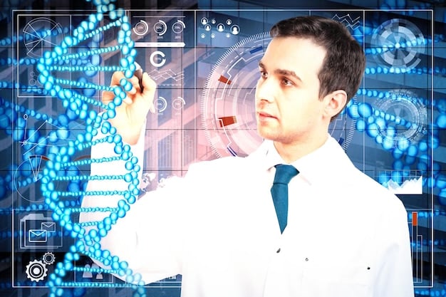 A pharmaceutical researcher observing AI algorithms displayed on a transparent screen, showing molecular structures and drug interactions, symbolizing AI's role in accelerating medical research.